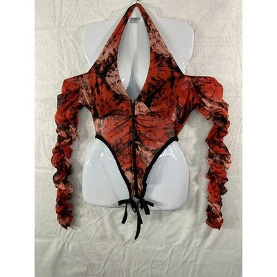 Queen Mania 2 Piece Set Women L Red Black Tie Dye Ruched Mesh Bodysuit Sheer USA