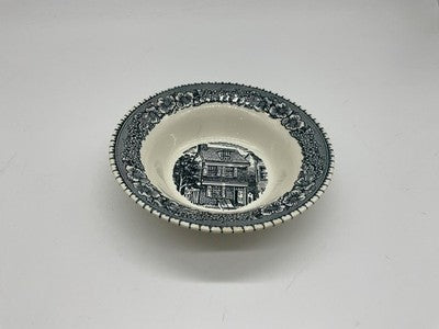 Vintage Blue White Transferware Soup Cereal Bowl USA Floral Border House Scene