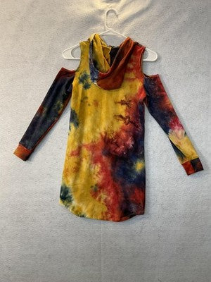 Tove Dress Womens Small Multicolor Tie Dye Hooded Cold Shoulder Fleece Mini