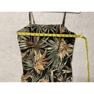 Be Smart Tank Top Womens Small Black Green Brown Leaf Print Strap Lined USA Y2K