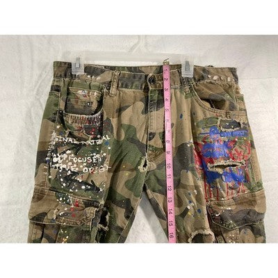 Smoke Rise Cargo Pants Mens 36/34 Camo Distressed Paint Splatter Streetwear SR91