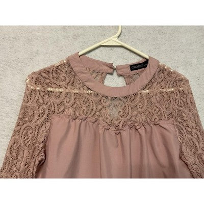 Zanzea Shirt Womens Small Pink Lace Bell Sleeve High Neck Blouse Top Casual