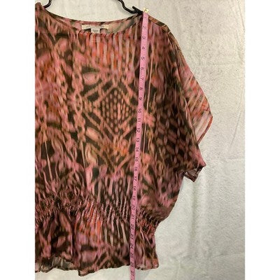 American Rag Blouse Womens Large Pink Brown Abstract Smocked Waist Chiffon Top