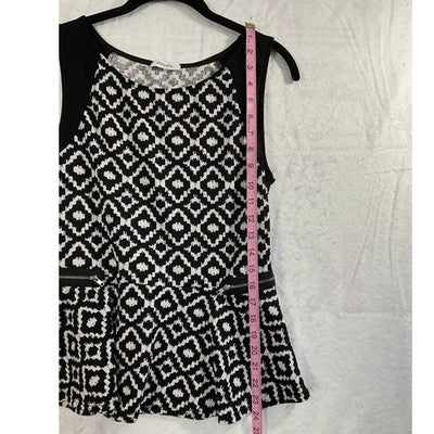 Vintage Peplum Top Womens Large Black White Geometric Zipper Sleeveless Blouse
