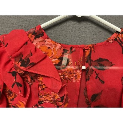 Truth NYC Blouse Womens Small Red Floral Ruffle Long Sleeve Sheer Top Boho Chic