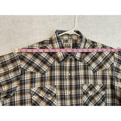 Ely Cattleman Western Shirt Mens Large Brown Plaid Pearl Snap Cowboy Rodeo