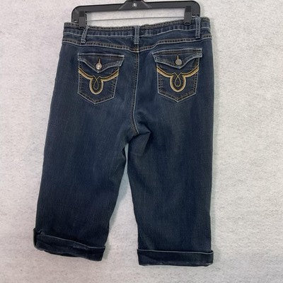 Cato Jeans Womens 12 Blue Dark Wash Mid Rise Cuffed Capri Embroidered Stretch