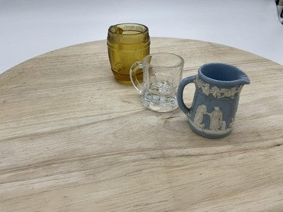 Vintage Wedgwood Shot Glasses Set Of 3 Mini Mugs Blue Clear Amber Glass Handles