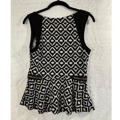 Vintage Peplum Top Womens Large Black White Geometric Zipper Sleeveless Blouse