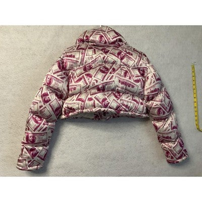 Money Print Open Puffer Jacket Women SM White Pink Cropped Bubble Coat Allover