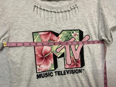 MTV Music Shirt Girls M Gray Floral Logo Cutout Scoop Neck Graphic Tee