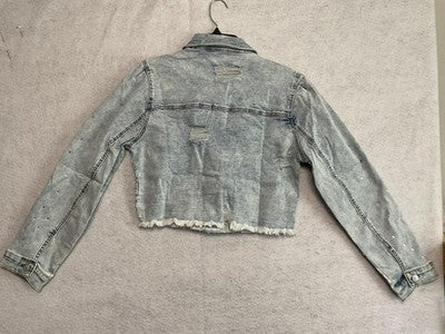 PAOLA RIBONI Jacket Womens Large Blue Rhinestone Distressed Cropped Denim Y2k