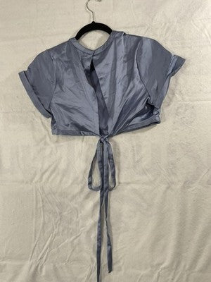 Forever 21 Blouse Womens Medium Blue Satin Crop Top Open Back Tie Shirt