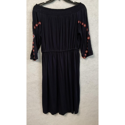 LOFT Dress Womens Medium Navy Off Shoulder Embroidered Boho Tassel Peasant