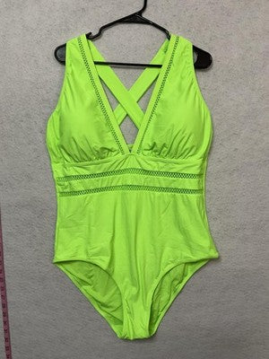 Tempt Me Swimsuit Womens 20W Green Plunge One Piece Mesh Criss Cross Back