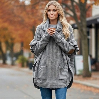 ALYA Cowl Neck Ruffle Poncho Sweater Womens S/M Gray Elbow Patch Pullover
