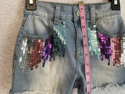 Justice Shorts Girls 7 Blue Denim Mini Mom Sequin Fringe Pockets Raw Hem Sparkle
