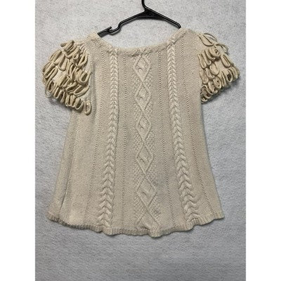 Sweater Womens Small Ivory Cable Knit Short Sleeve Loop Fringe Pullover Angora
