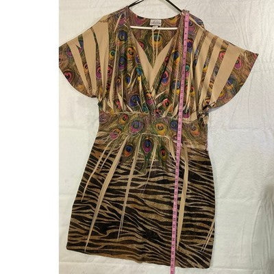 VTG Caren Sport Women Dress Tunic 2X Brown Peacock Feather Animal Print V-Neck
