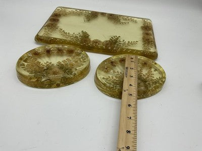 Vintage Lucite Resin Vanity Tray 2 Soap Dishes Set Embedded Flowers Mid Century