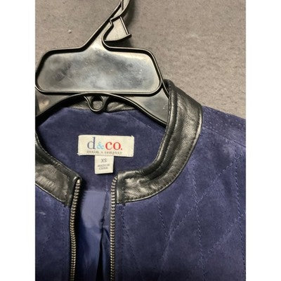 Denim & Co XS Navy Leather Sleeve Quilted Jacket Genuine Leather Front