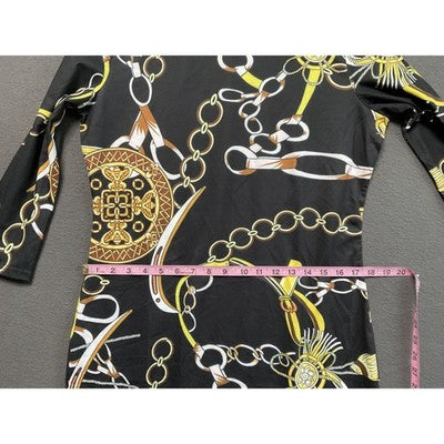 Womens 2XL Chain Print Dress Long Sleeve Stretch Knit Brown Black Tan