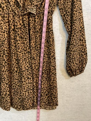 Leopard Print Dress Womens XS Brown Ruffle Long Sleeve V Neck Short Fit Flare