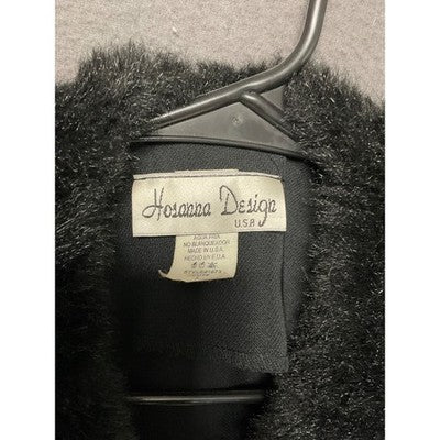 Vintage Hosanna Design Black Long Coat L Faux Fur Collar Jeweled Button USA Made