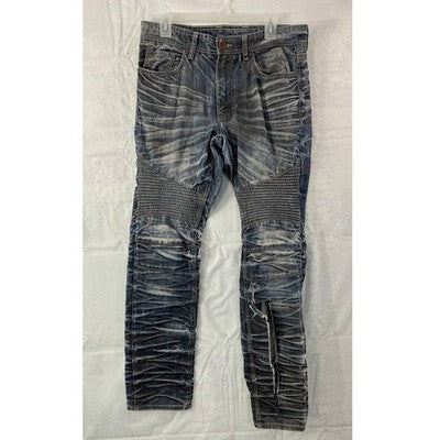 Jordan Craig Legacy Edition Jeans Mens 32 Blue Distressed Ribbed Biker Denim