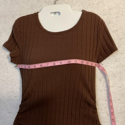 SheIn Dress Womens Large Brown Ruched Ribbed T Shirt Bodycon Knit Knee Length