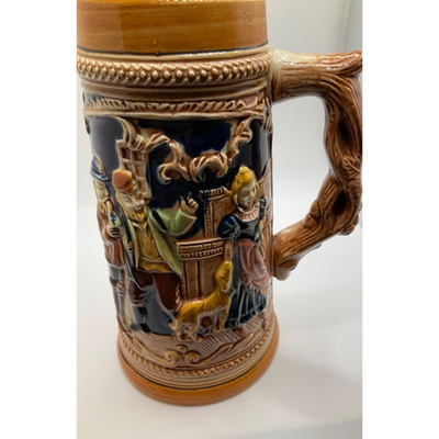 Collectible  Intricate Ceramic Bavarian Beer Mug, Woman & Dog Design, 8 Inches