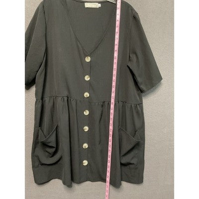 Belongsci Black ButtonFront Babydoll Tunic Drop Waist M Oversized Pockets V-Neck