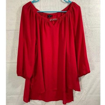 Sami & Jo Blouse Womens XL Red Chain Neck Balloon Sleeve High Low Top