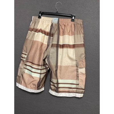 Banana Split XL Swim Shorts Brown Plaid Cargo Elastic Waist Mesh Lining