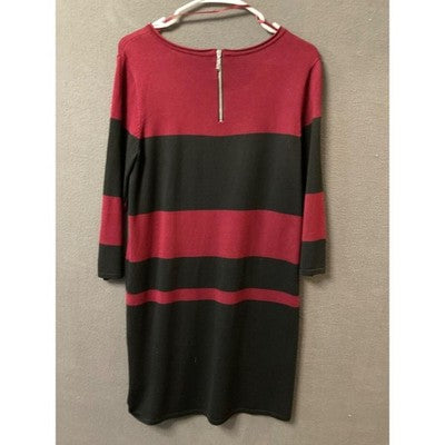 AB Studio Burgundy & Black Striped Knit Dress Medium Rayon Blend Back Zip