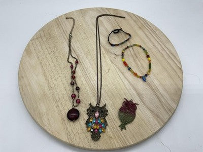 Lot 5 Womens Jewelry Owl Pendant Necklaces Beaded Bracelets Multicolor Boho