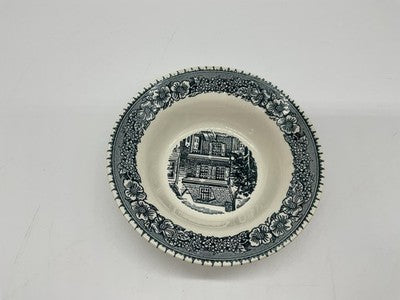 Vintage Blue White Transferware Soup Cereal Bowl USA Floral Border House Scene