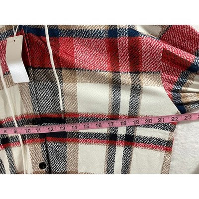 Exclusive Plaid Hooded Shirt Women Large Red White New Checkered Button Up Hoody