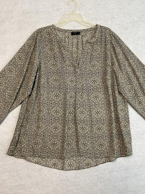 Tahari size 1X Brown Abstract V neck Elegant Soft Relaxed Blouse Office Career