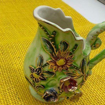 Creamer Pitcher Unisex 4" Green Floral 3D Applied Gold Trim Bud Vase Retro