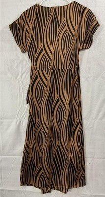 Joie De Vivre Dress Womens Large Brown Stripe Wrap Short Sleeve Tie Waist Midi
