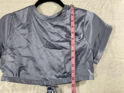 Forever 21 Blouse Womens Medium Blue Satin Crop Top Open Back Tie Shirt