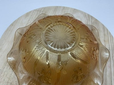 Vintage Amber Carnival Glass Serving Bowl Floral Ruffle Edge Gold Iridescent MCM