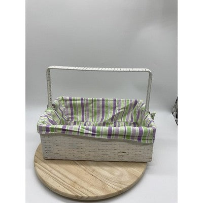 White Wicker Rectangular Basket Handle Lined Striped Fabric Insert Storage Tray