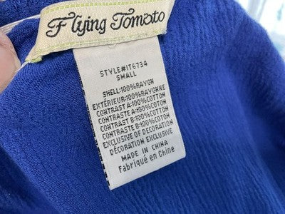 Flying Tomato Blouse Womens Small Blue Crochet Ruffle Tassel Crop Top Boho