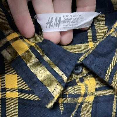 H&M Shirt Boys 14-15 Years Blue Yellow Plaid Flannel Button Up Long Sleeve