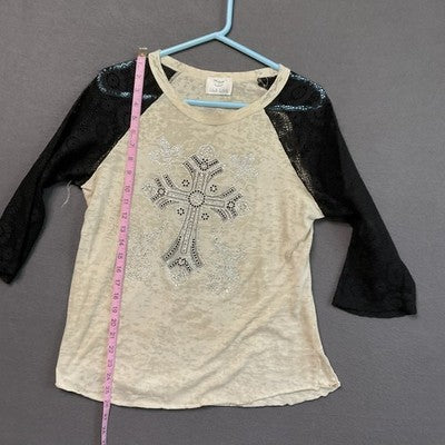 L&B Life Shirt Womens Medium Beige Black Lace Cross Embellished Raglan Top
