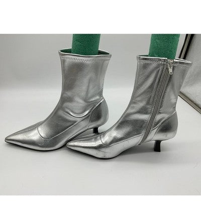 Abound Metallic Silver Ankle Boots Womens Pointed Toe Kitten Heel Zip Cyber