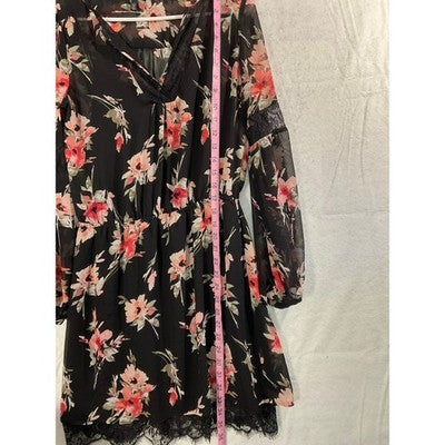 White House Black Market Floral Mini Dress Women 4 Black Lace Trim Chiffon Boho