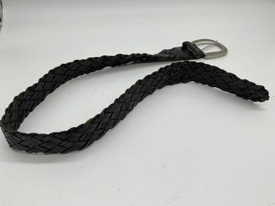 Braided Leather Belt Mens Medium Large Black Solid Brass Buckle Dress Casual